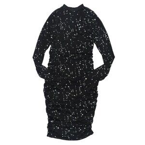 Lyaner Silver Star Constellation Print Semi-Sheer Dress with Black Background.